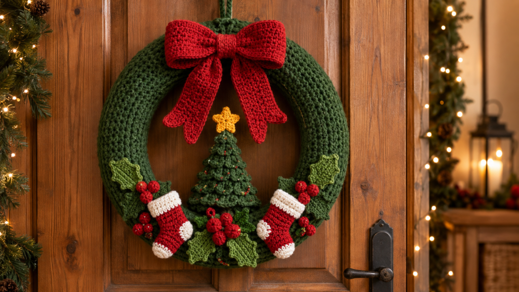 Handmade green Christmas wreath crochet pattern with a large red bow, mini tree, yellow star, stockings, holly leaves, and red berries.
