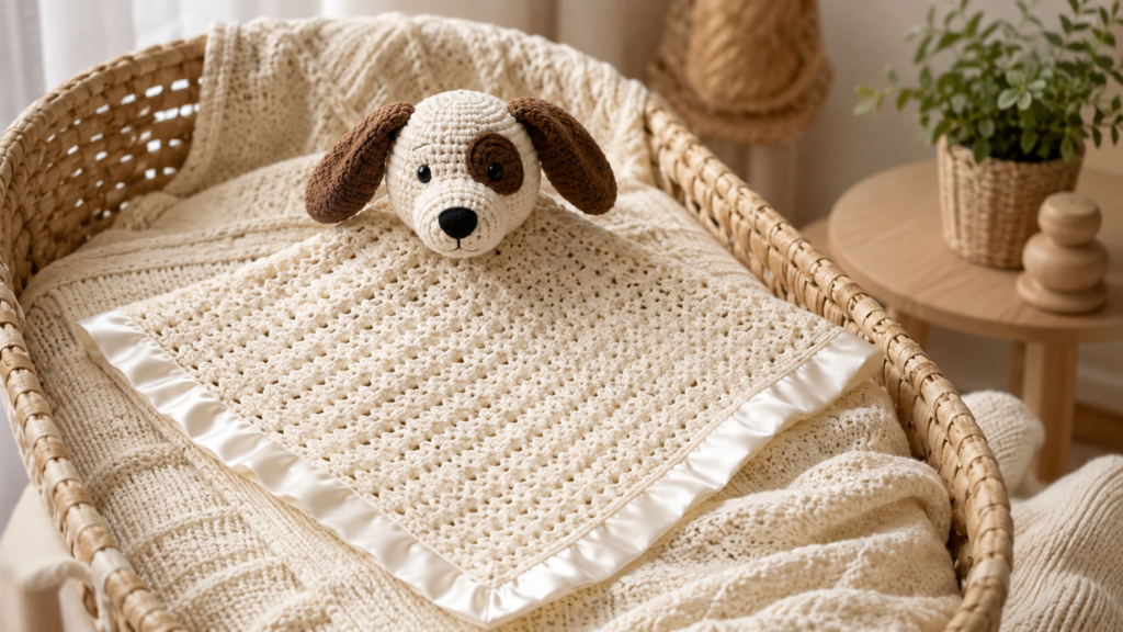Handmade cream crochet puppy lovey with brown floppy ears and an eye patch attached to a textured dog security blanket.