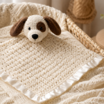 Handmade cream crochet puppy lovey with brown floppy ears and an eye patch attached to a textured dog security blanket.