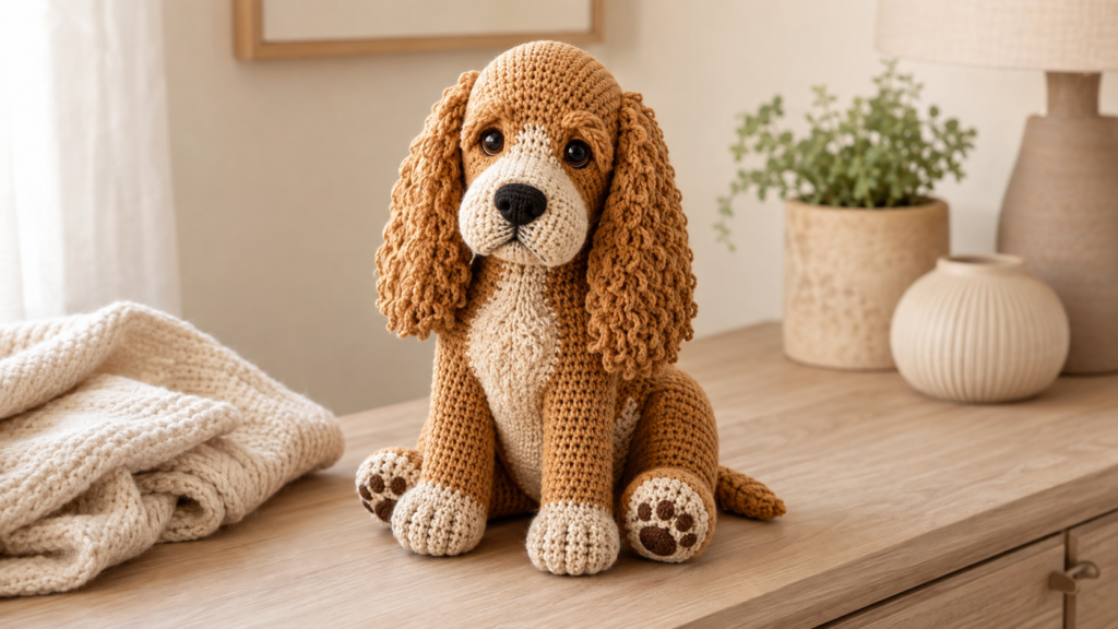 Realistic caramel and cream crochet Cocker Spaniel named Biscuit with long textured ears, dark eyes, detailed paws, and a sitting pose.