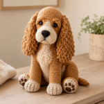 Realistic caramel and cream crochet Cocker Spaniel named Biscuit with long textured ears, dark eyes, detailed paws, and a sitting pose.