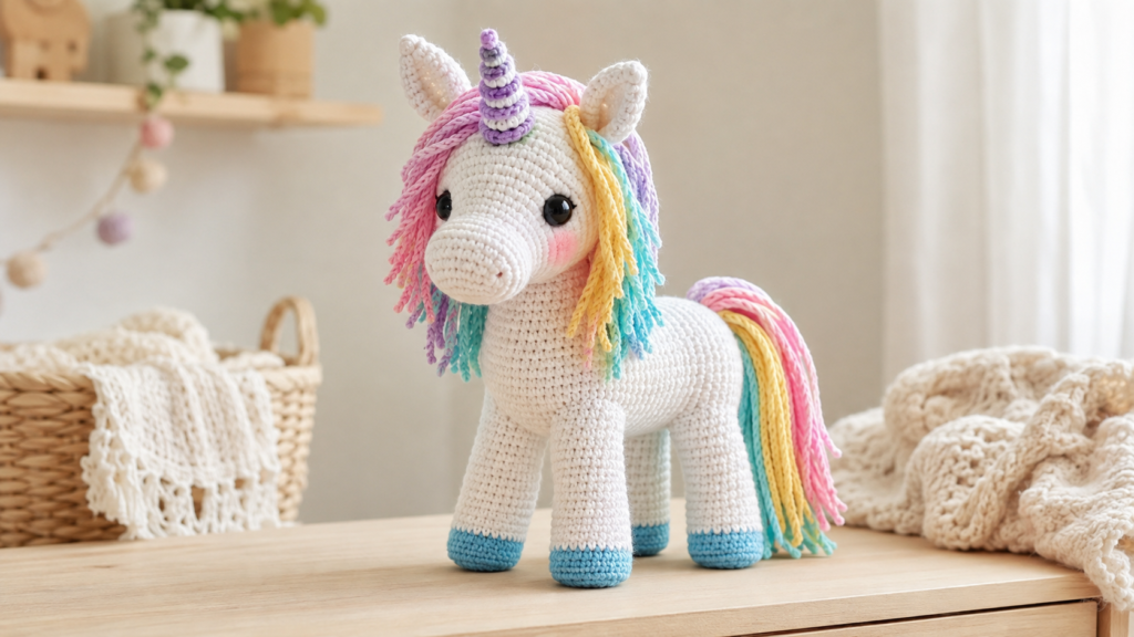 Handmade white crochet unicorn with a pastel rainbow mane and tail, blue hooves, pink cheeks, and a purple spiral horn.