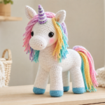 Handmade white crochet unicorn with a pastel rainbow mane and tail, blue hooves, pink cheeks, and a purple spiral horn.